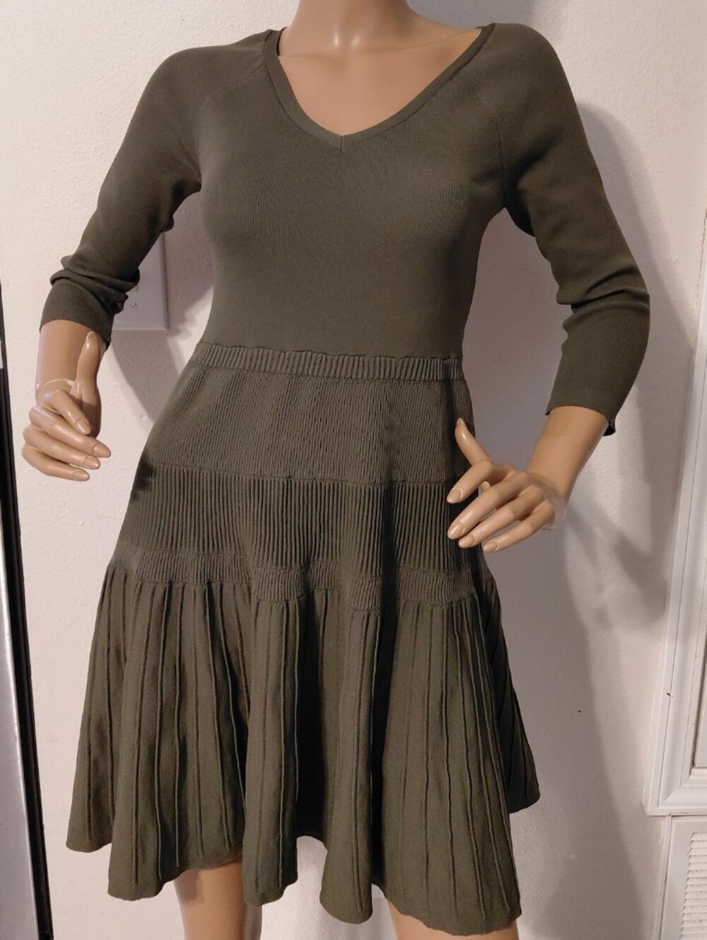 Olive Green V-Neck Knit Dress